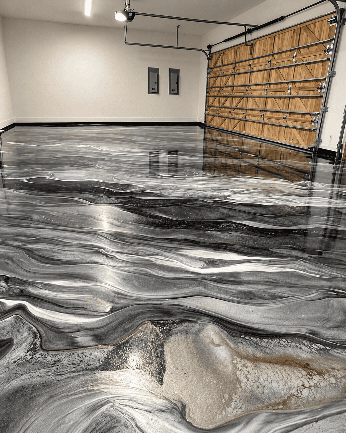 Polished marble-like garage floor with wooden garage door and white walls.
