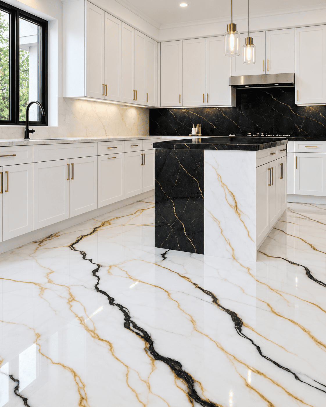 Modern kitchen with marble flooring and black marble island.