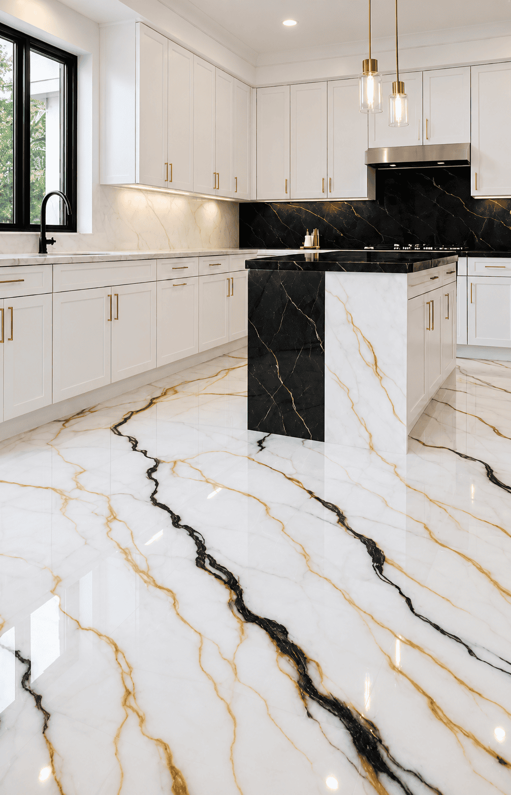 Elegant kitchen with marble flooring and modern black and white cabinets.